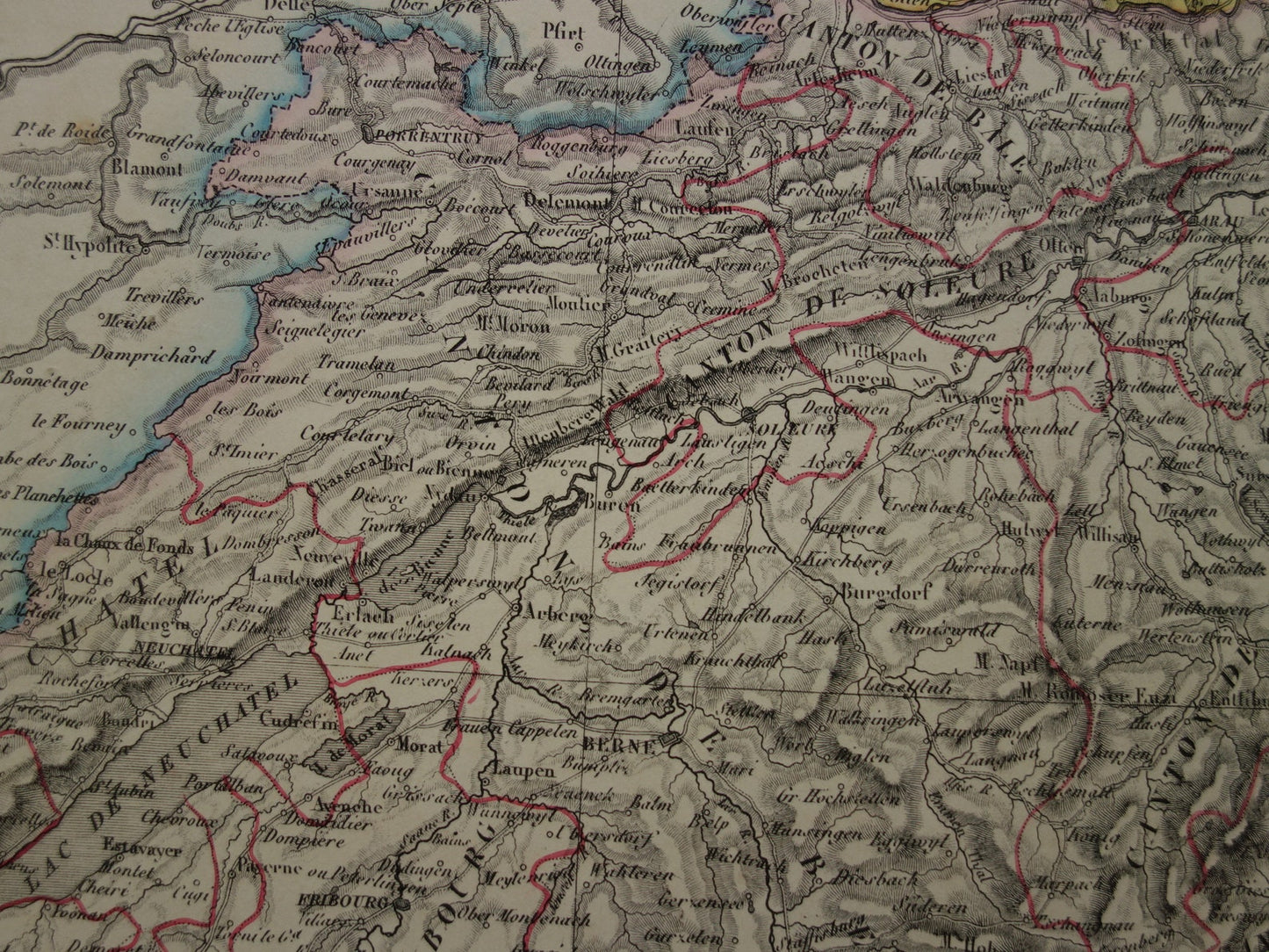 ZWITSERLAND Grote oude landkaart uit 1851 originele antieke Franse kaart met jaartal
