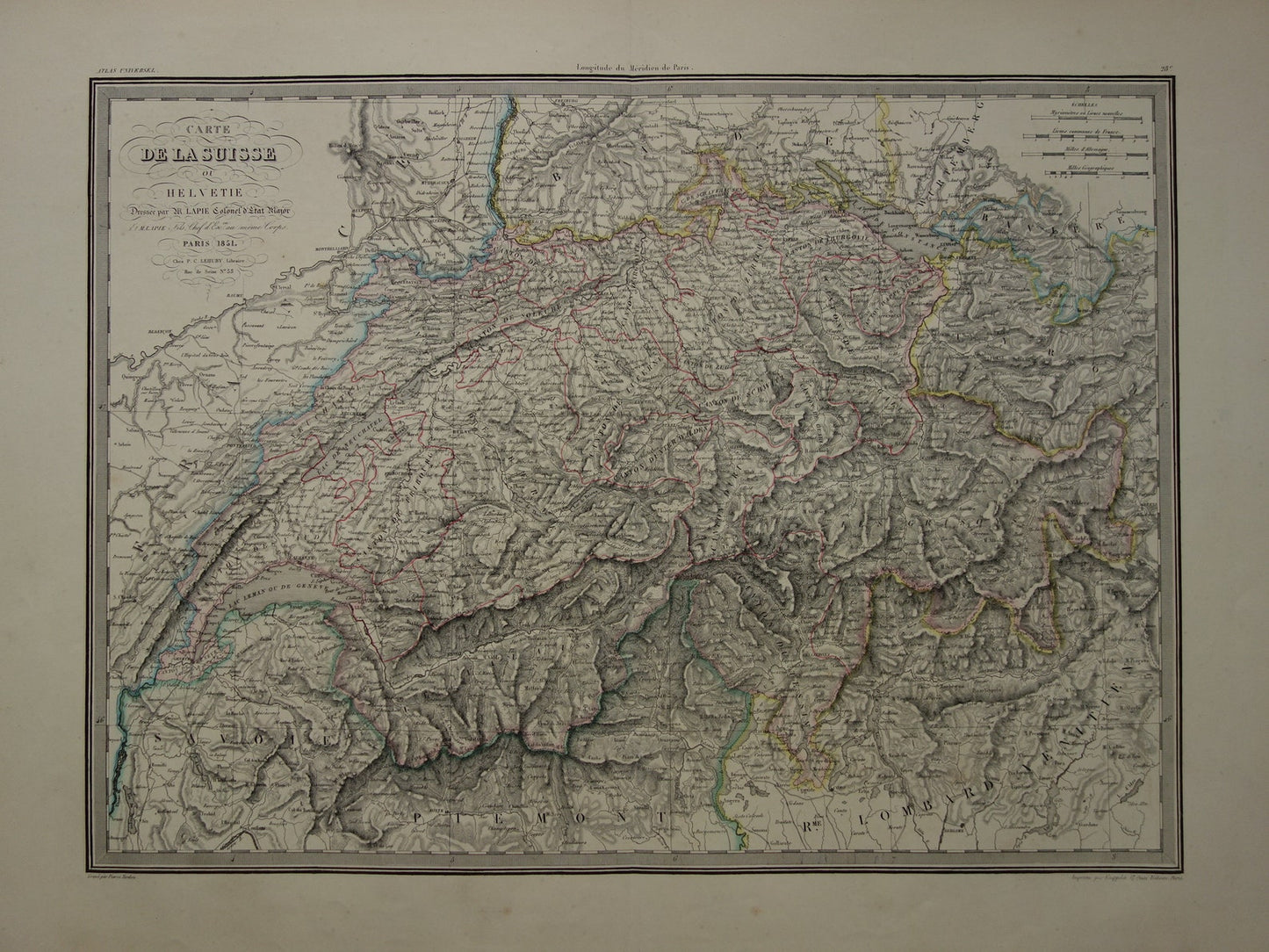ZWITSERLAND Grote oude landkaart uit 1851 originele antieke Franse kaart met jaartal