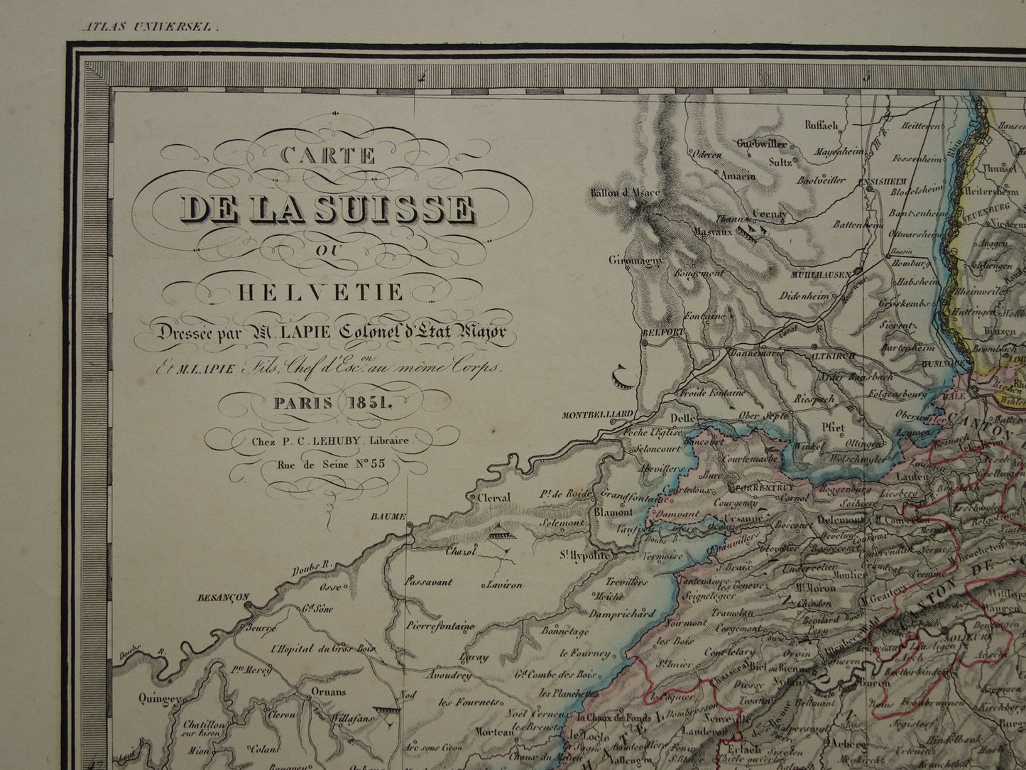 ZWITSERLAND Grote oude landkaart uit 1851 originele antieke Franse kaart met jaartal