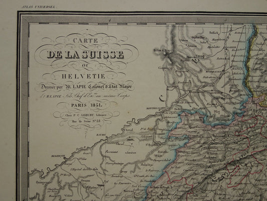 ZWITSERLAND Grote oude landkaart uit 1851 originele antieke Franse kaart met jaartal