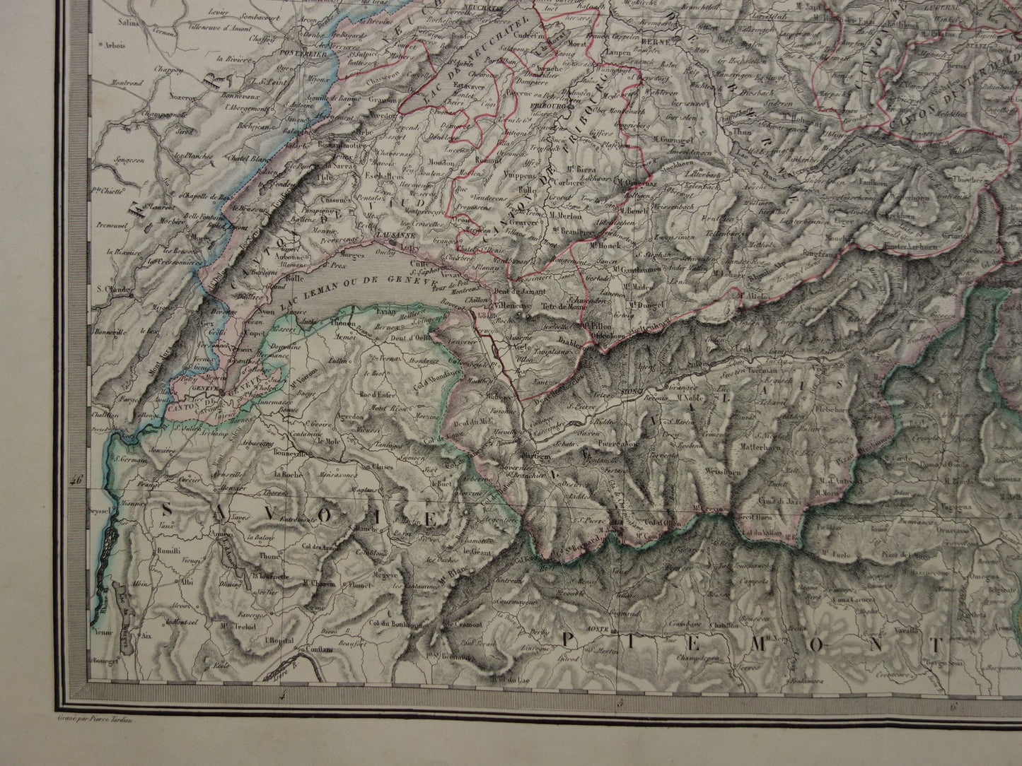 ZWITSERLAND Grote oude landkaart uit 1851 originele antieke Franse kaart met jaartal