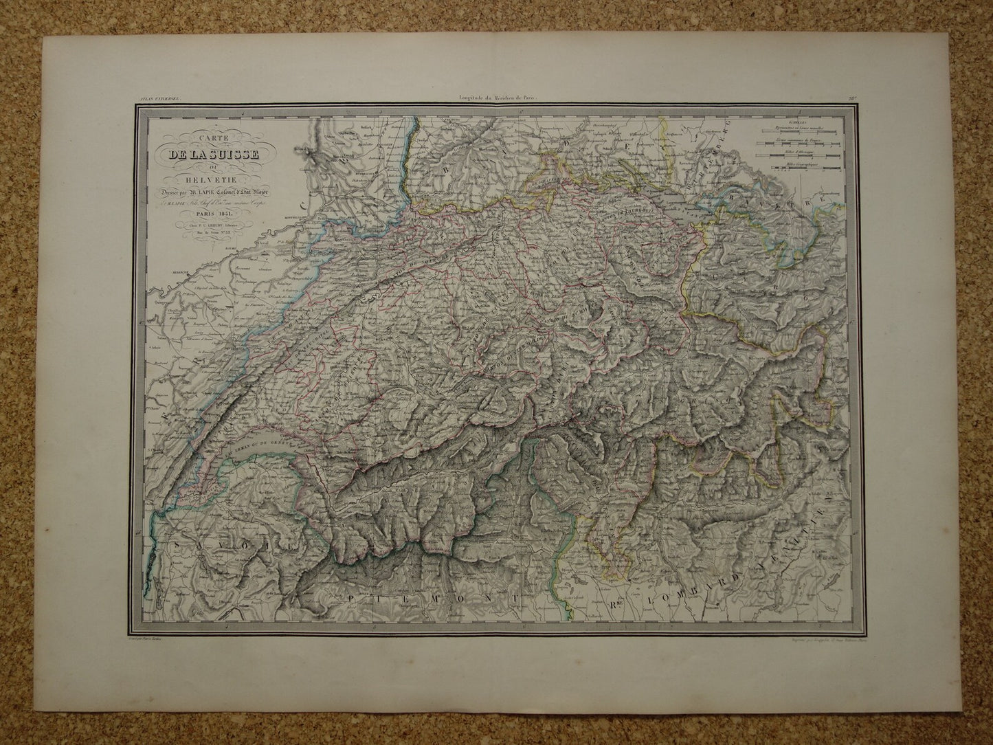 ZWITSERLAND Grote oude landkaart uit 1851 originele antieke Franse kaart met jaartal