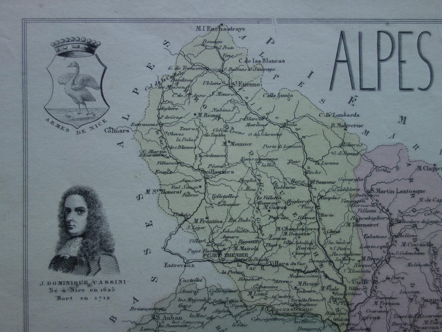 Oude kaart van Alpes Maritimes uit 1870 originele antieke landkaart Nice Monaco departement Frankrijk