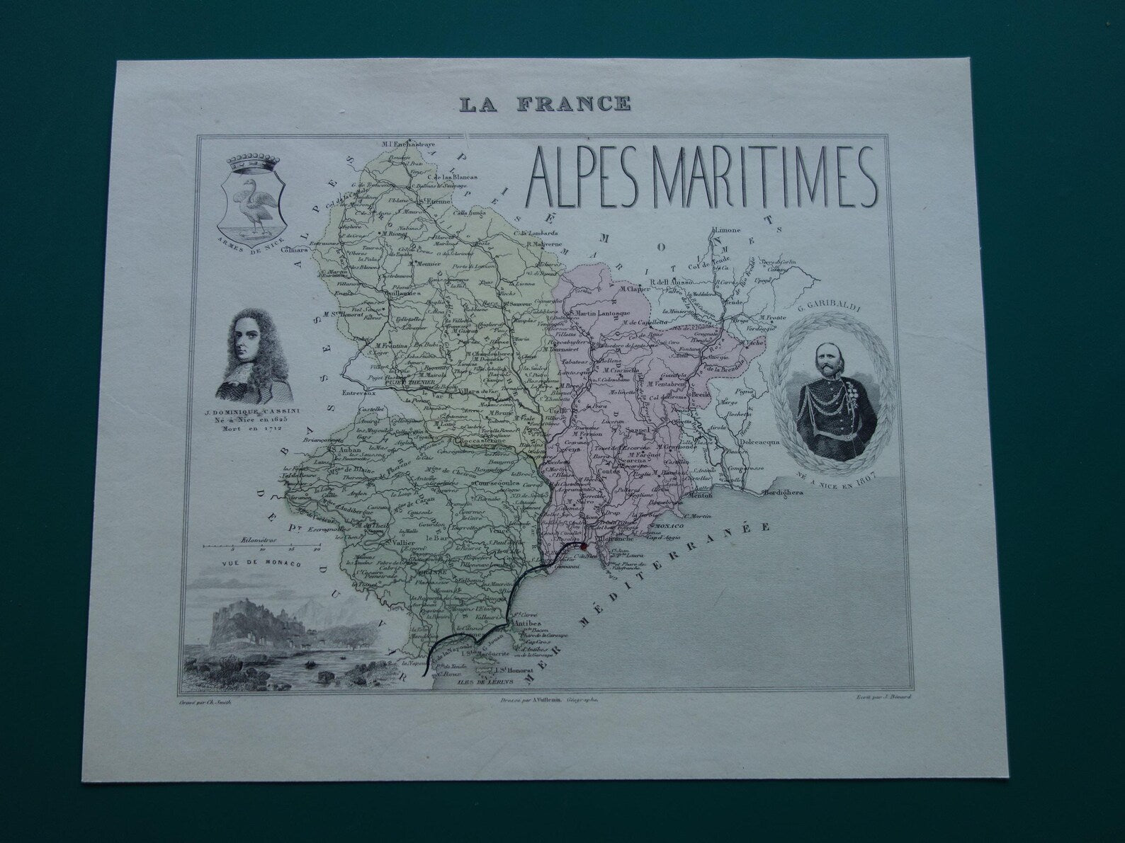 Oude kaart van Alpes Maritimes uit 1870 originele antieke landkaart Nice Monaco departement Frankrijk