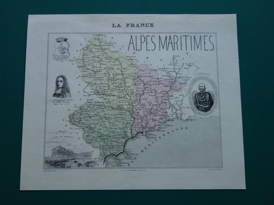 Oude kaart van Alpes Maritimes uit 1870 originele antieke landkaart Nice Monaco departement Frankrijk
