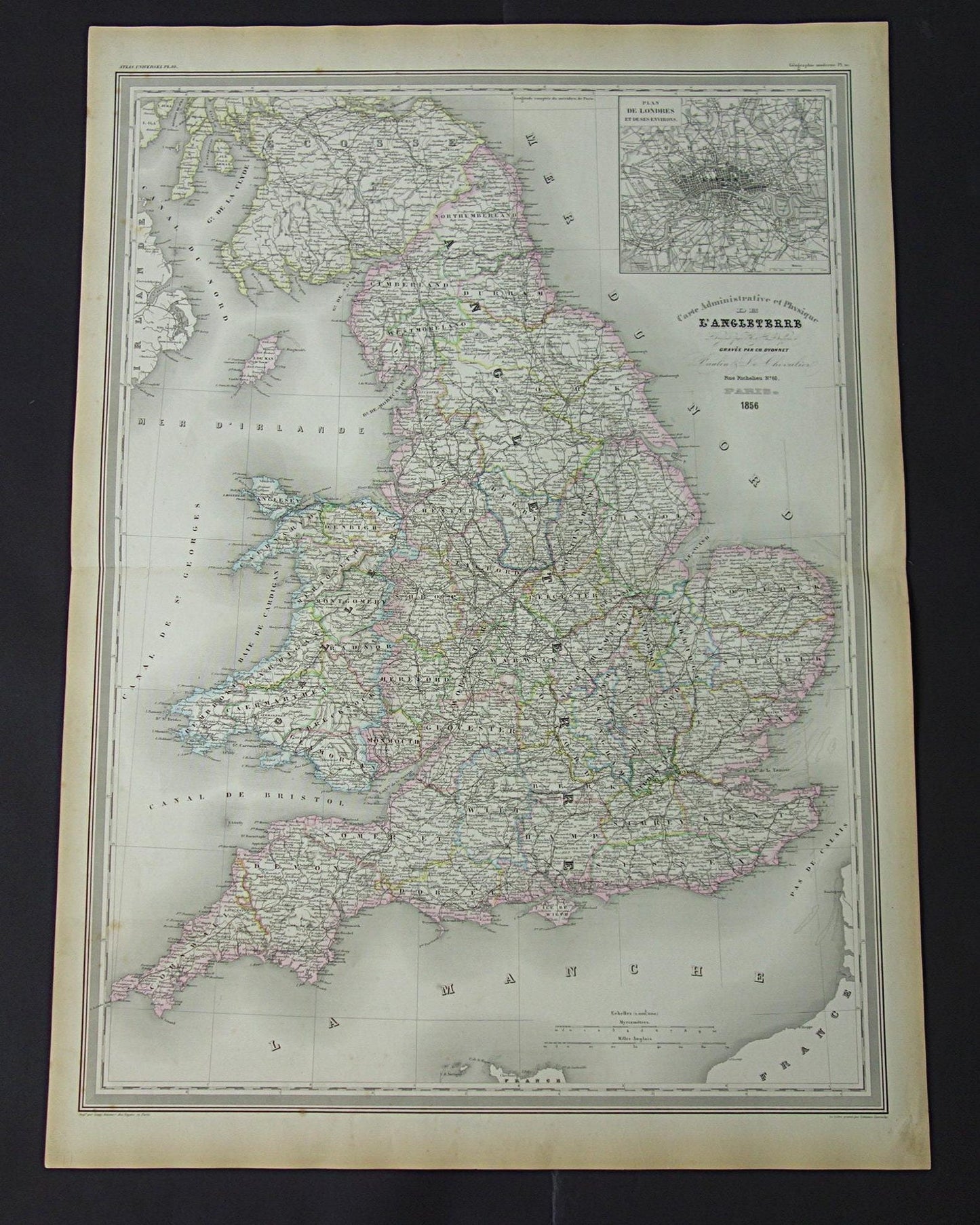 ENGELAND grote oude kaart van Engeland en Wales 1856 originele antieke landkaart London vintage poster