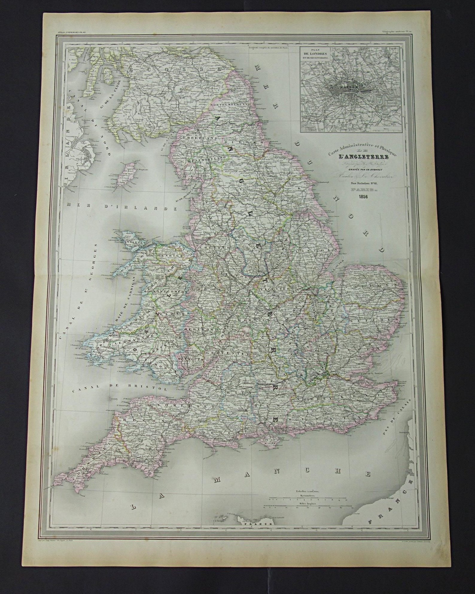ENGELAND grote oude kaart van Engeland en Wales 1856 originele antieke landkaart London vintage poster