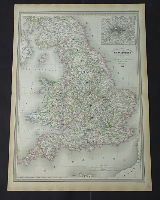 ENGELAND grote oude kaart van Engeland en Wales 1856 originele antieke landkaart London vintage poster