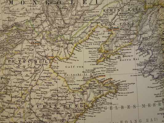 Oude landkaart van China Korea Japan uit 1879 Originele antieke kaart met jaartal vintage gedetailleerde kaarten
