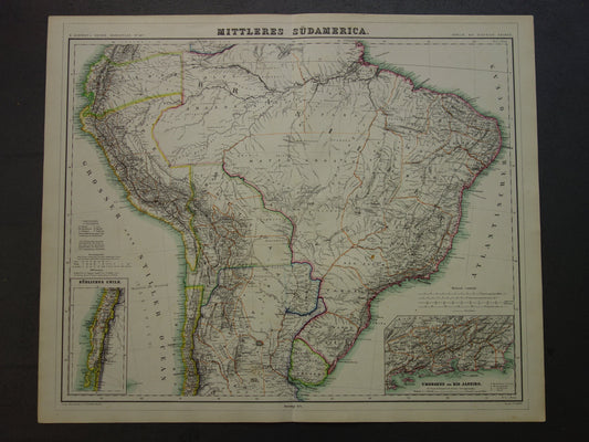 Oude kaart van Brazilië uit 1874 Originele antieke handgekleurde landkaart met jaartal