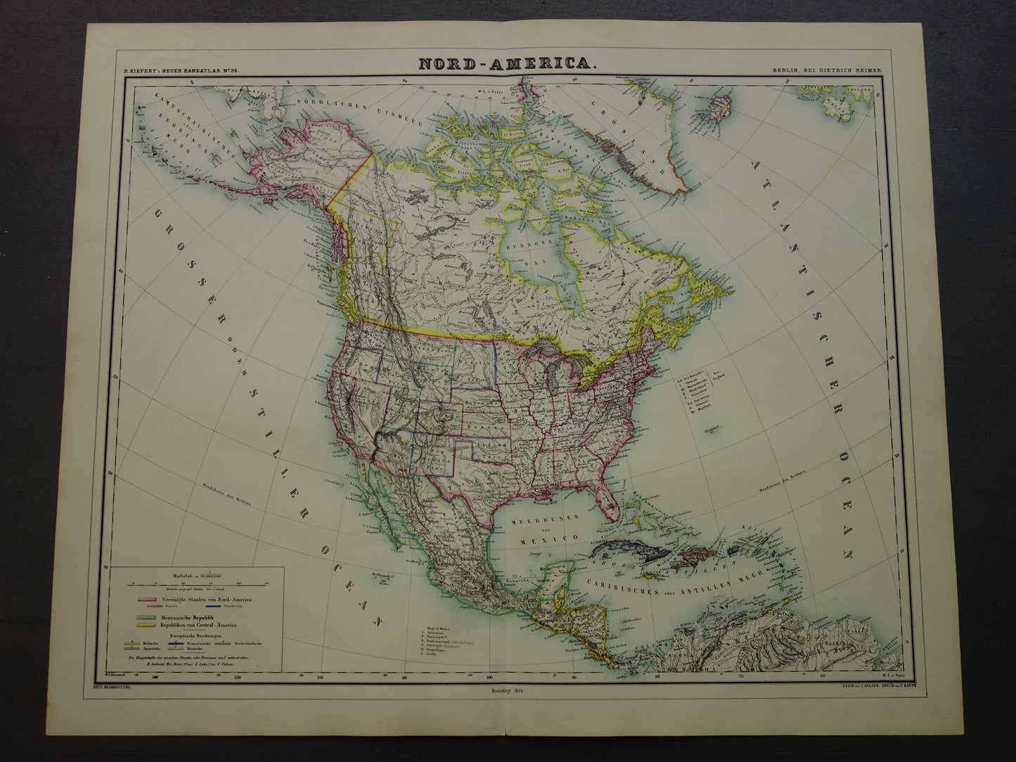NOORD-AMERIKA Grote oude kaart continent VS Canada Mexico 1874 originele handgekleurde antieke kaart Vintage Duitse landkaart