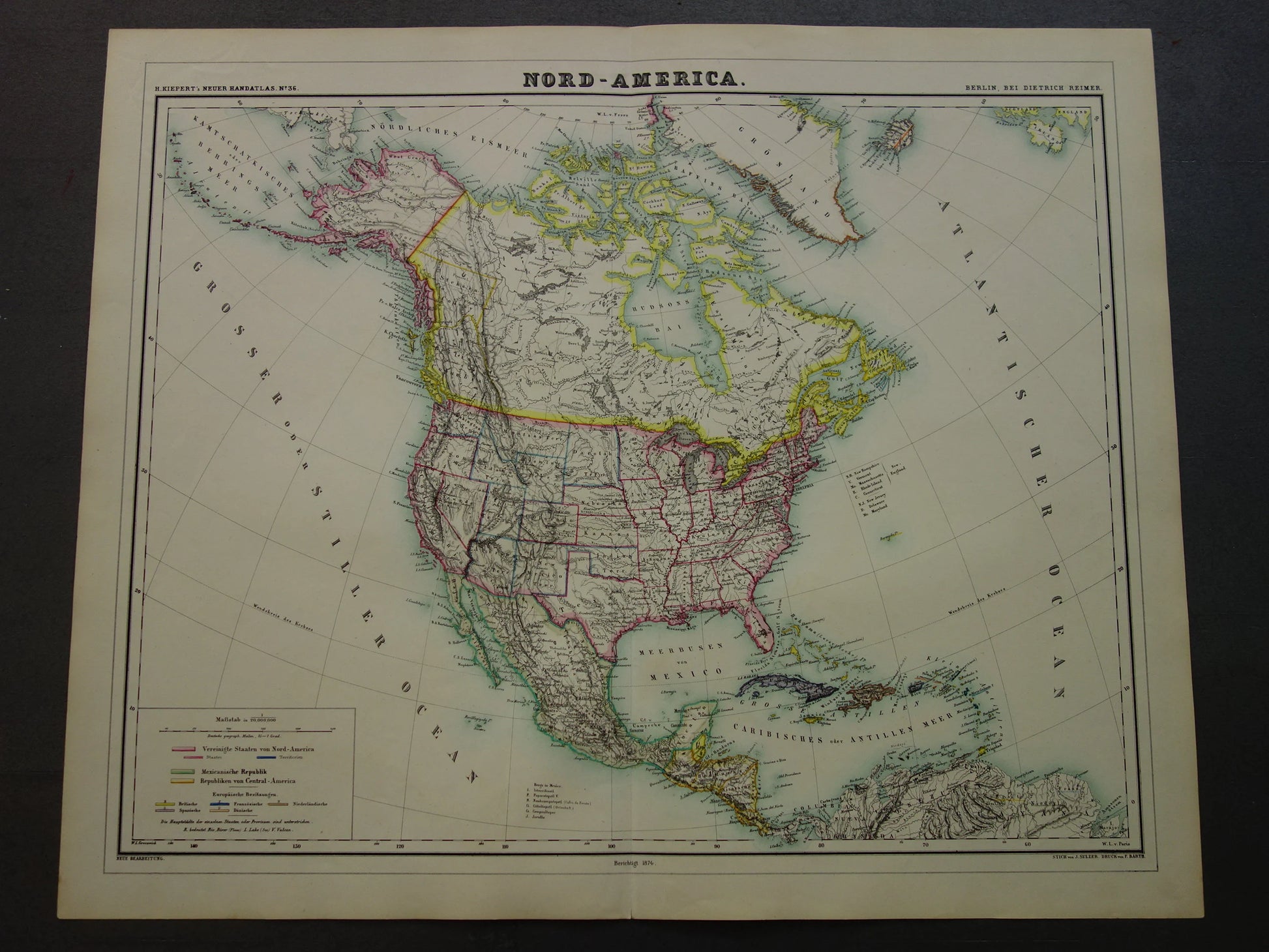 NOORD-AMERIKA Grote oude kaart continent VS Canada Mexico 1874 originele handgekleurde antieke kaart Vintage Duitse landkaart