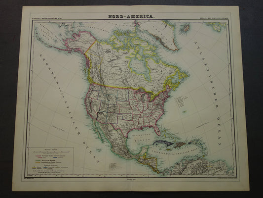 NOORD-AMERIKA Grote oude kaart continent VS Canada Mexico 1874 originele handgekleurde antieke kaart Vintage Duitse landkaart