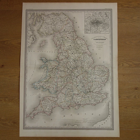 ENGELAND grote oude kaart van Engeland en Wales 1863 originele antieke landkaart London vintage poster