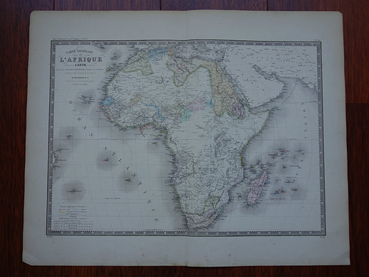 Grote oude kaart van Afrika uit 1876 Antieke handgekleurde landkaart print van Afrikaans continent