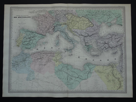MIDDELLANDSE ZEE Grote oude kaart van Middellandse Zeegebied uit 1880 originele antieke handgekleurde landkaart