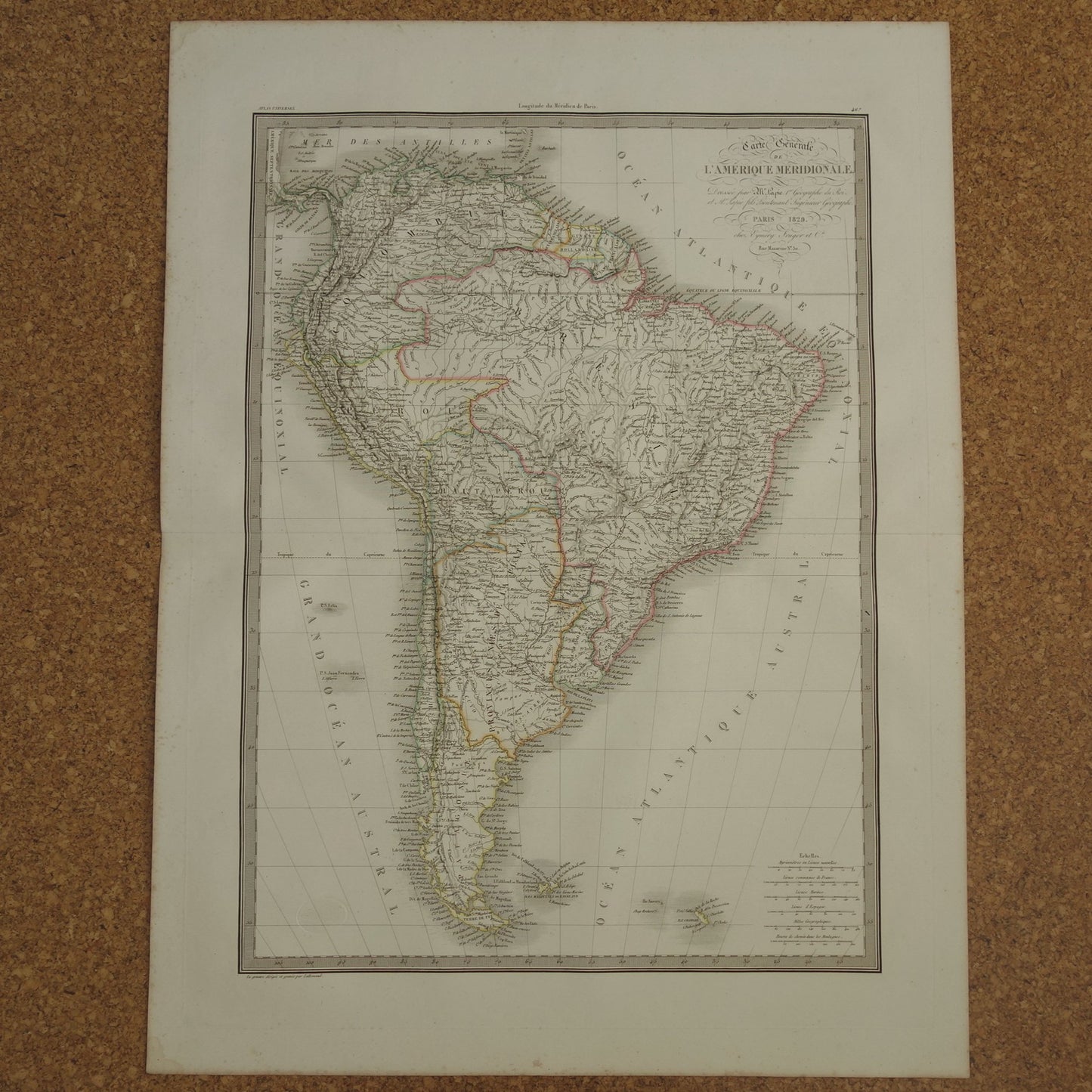 ZUID-AMERIKA Grote vintage landkaart van Zuid-Amerika 1829 oude kaart poster Brazilië Patagonië Chili origineel antiek met jaartal