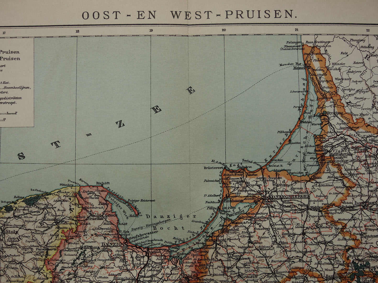 Oude kaart van Polen Kaliningrad 1910 originele antieke Nederlandse landkaart Pruisen Gdańsk