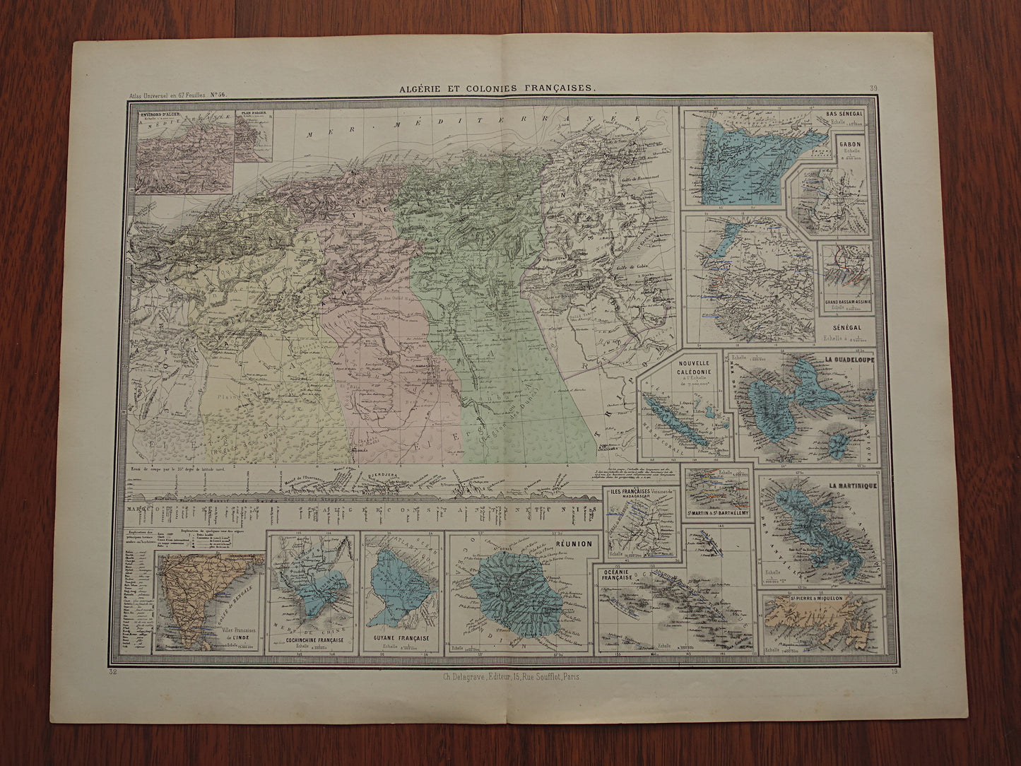 ALGERIJE oude kaart van Algerije en alle Franse Koloniën uit 1876 Antieke grote landkaart poster Frankrijk