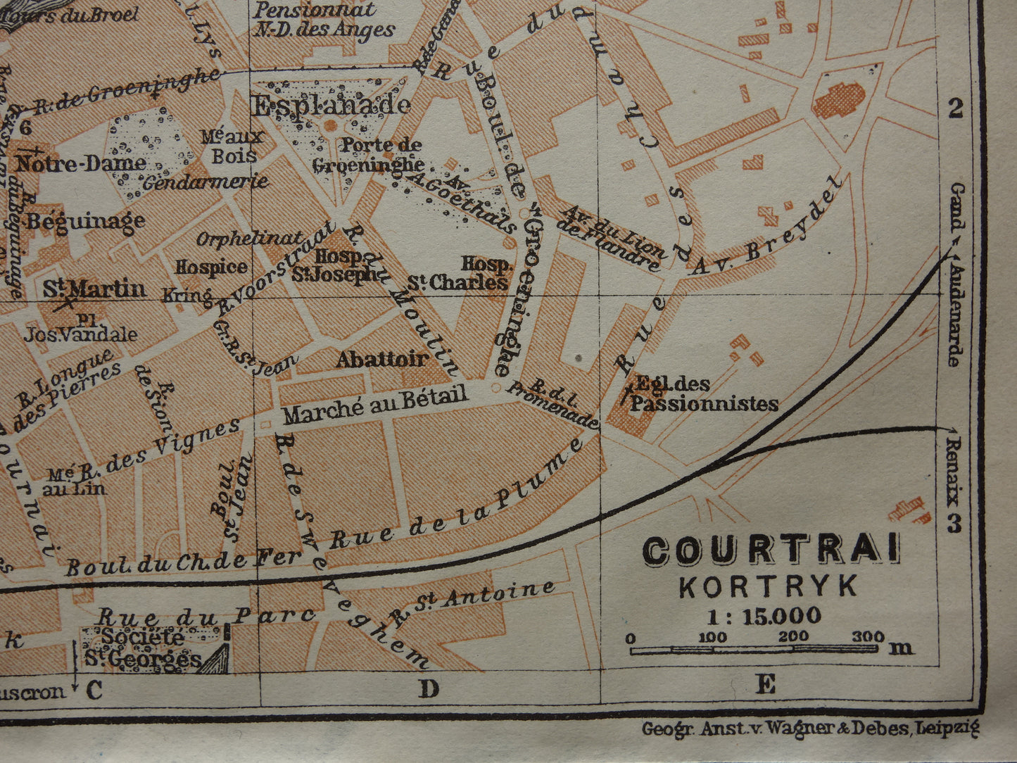 kleine antieke plattegrond van Kortrijk in het jaar 1914