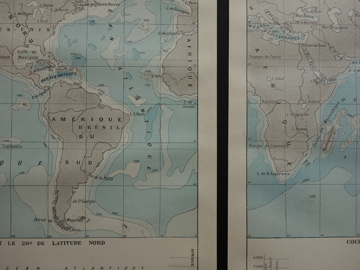 Oude wereldkaart van Oceanen 1902 originele antieke kaart / zeekaart zeediepte