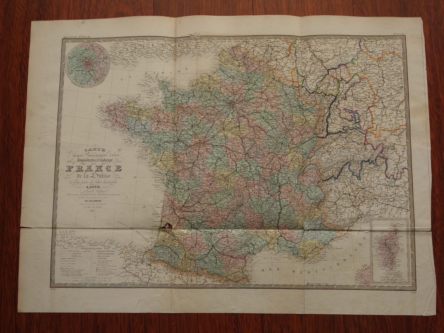 Grote oude Franse kaart van Frankrijk MET SCHADE uit 1876 originele antieke handgekleurde landkaart poster