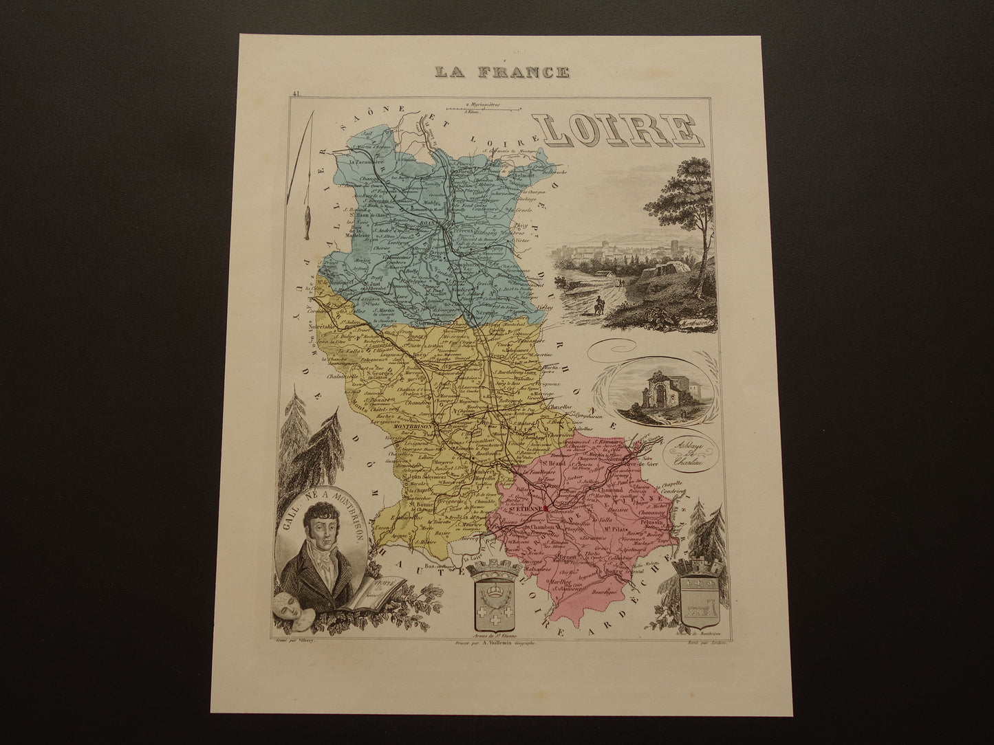 Oude kaart van Loire departement in Frankrijk uit 1876 originele antieke handgekleurde landkaart St Etienne Montbrison