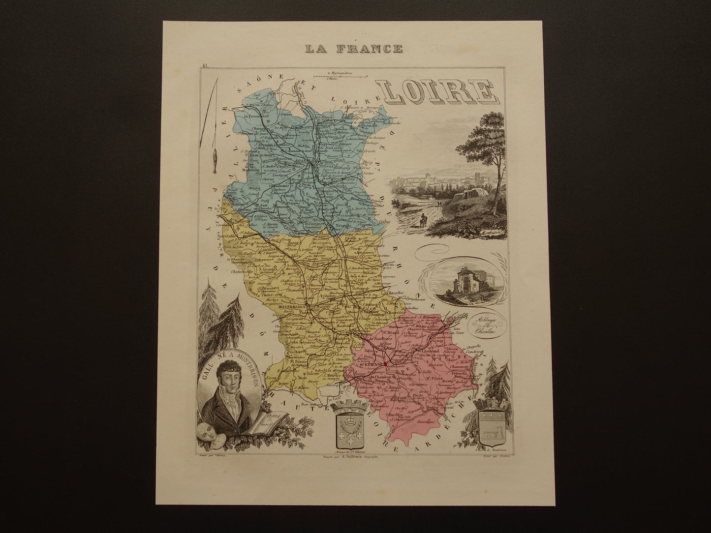 Oude kaart van Loire departement in Frankrijk uit 1876 originele antieke handgekleurde landkaart St Etienne Montbrison
