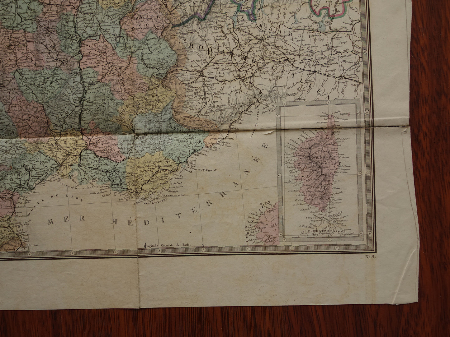 Grote oude Franse kaart van Frankrijk MET SCHADE uit 1876 originele antieke handgekleurde landkaart poster