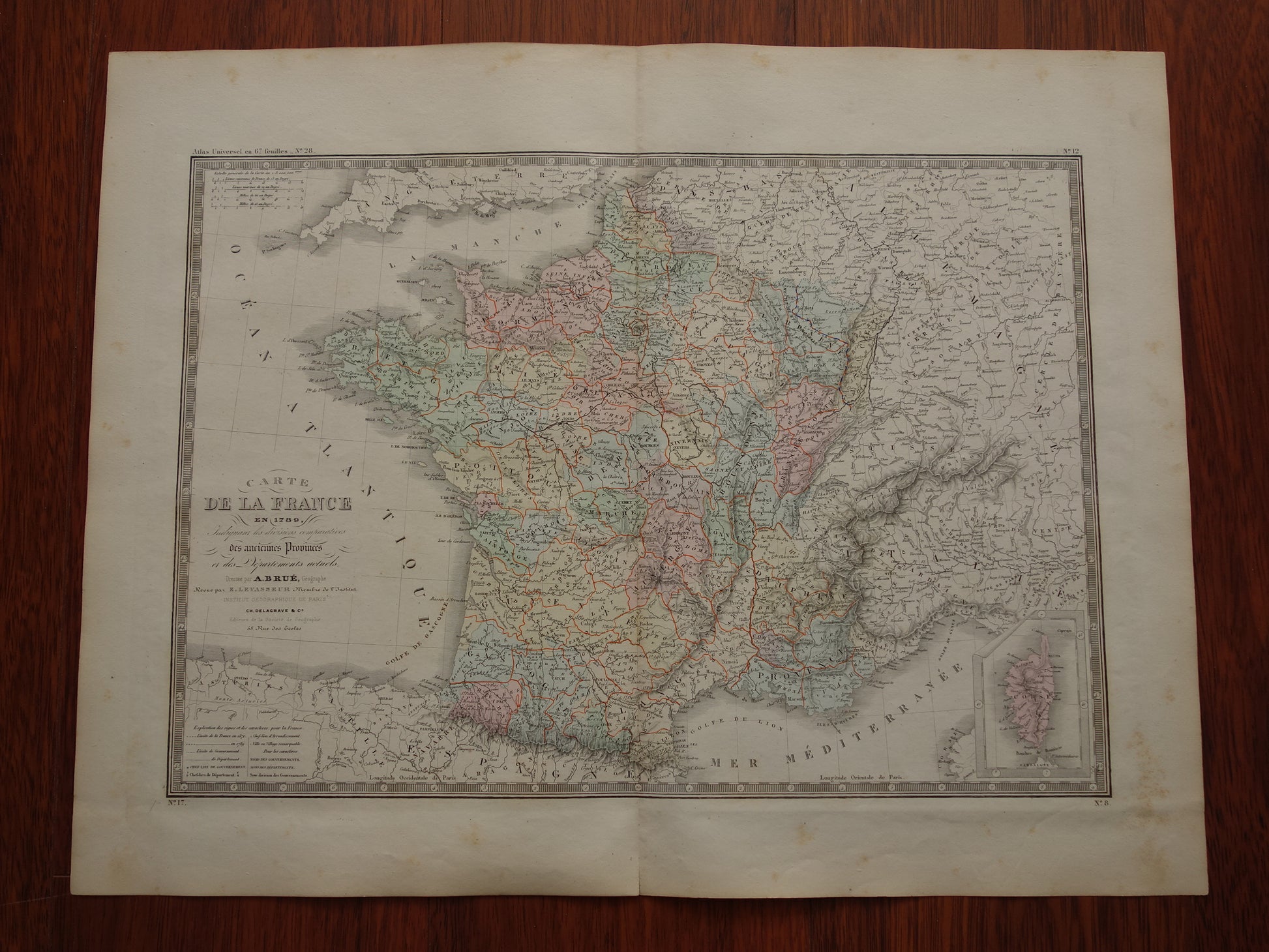 carte de la France en 1789 indiquant les divisions comparatives des anciennes provinces et des departements actuels par A. Brue