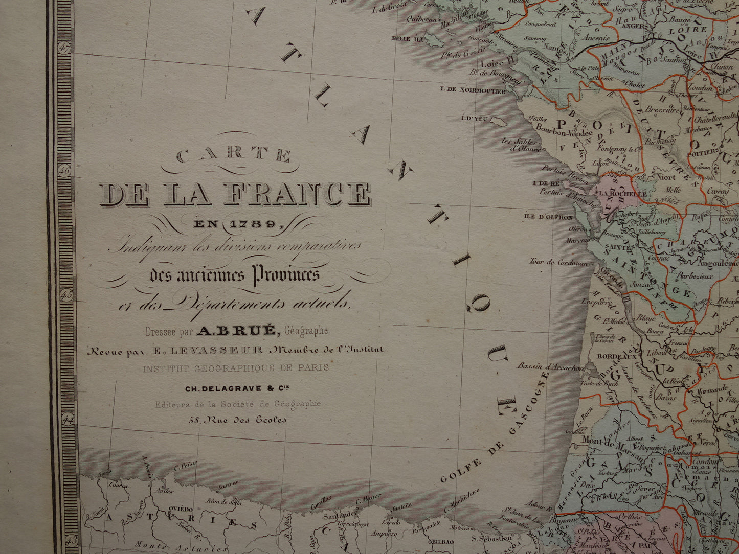 FRANKRIJK grote oude Franse kaart van Frankrijk in 1789 originele antieke handgekleurde landkaart poster start Franse Revolutie