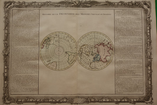 Oude wereldkaart uit 1761 Grote originele historische kaart van de wereld Dubbele hemisfeer met jaartal