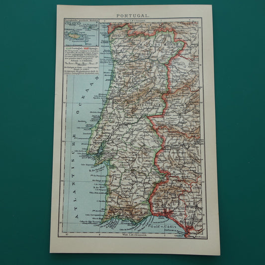 PORTUGAL oude kaart van Portugal 1910 originele antieke Nederlandse kleine landkaart Porto Lissabon Faro
