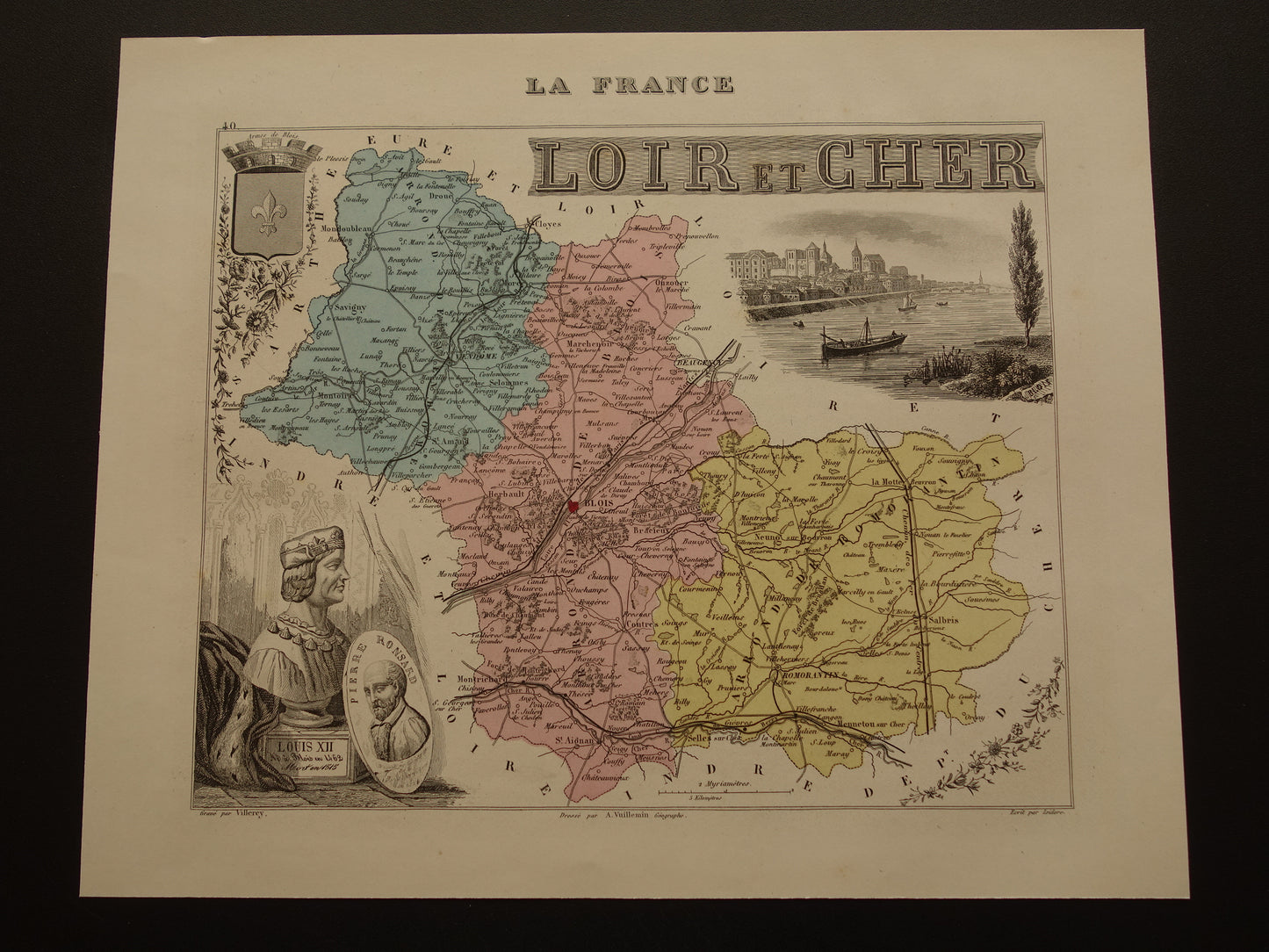 Oude kaart van Loir et Cher departement in Frankrijk uit 1876 originele antieke handgekleurde landkaart Blois Vendôme Vineuil Salbris