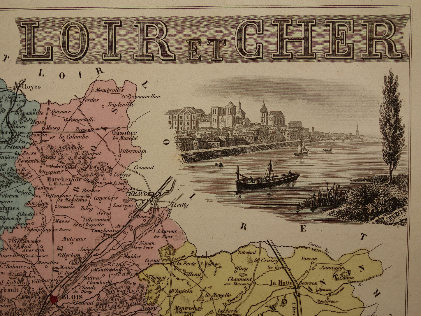Oude kaart van Loir et Cher departement in Frankrijk uit 1876 originele antieke handgekleurde landkaart Blois Vendôme Vineuil Salbris
