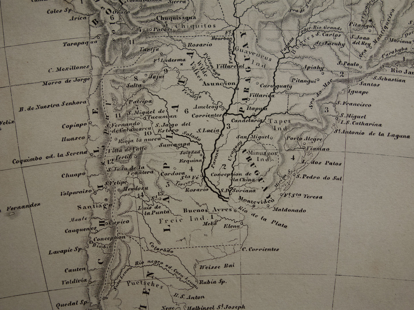 ZUID AMERIKA antieke kaart 170+ jaar oude landkaart van continent uit 1849 - originele vintage historische kaarten Brazilië Patagonië Suriname