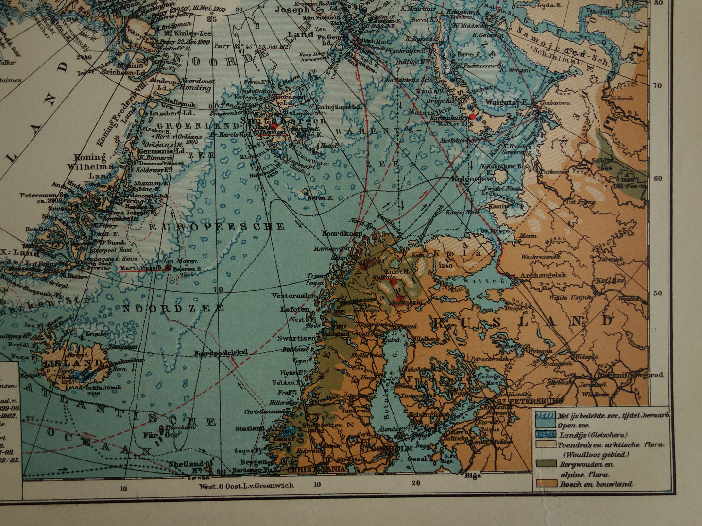 Oude kaart van de Noordpool 1910 originele antieke Nederlandse landkaart Groenland Spitsbergen