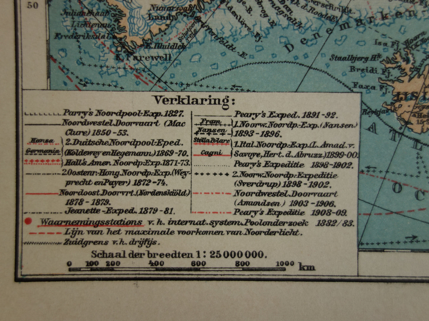 Oude kaart van de Noordpool 1910 originele antieke Nederlandse landkaart Groenland Spitsbergen