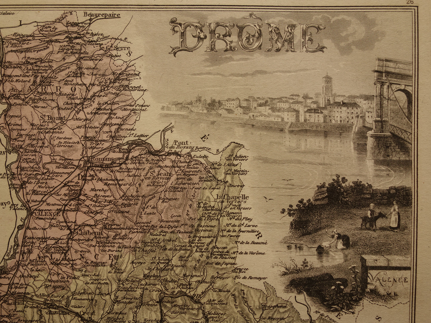Oude kaart van DROME departement in Frankrijk uit 1886 originele antieke handgekleurde landkaart Valence Drôme