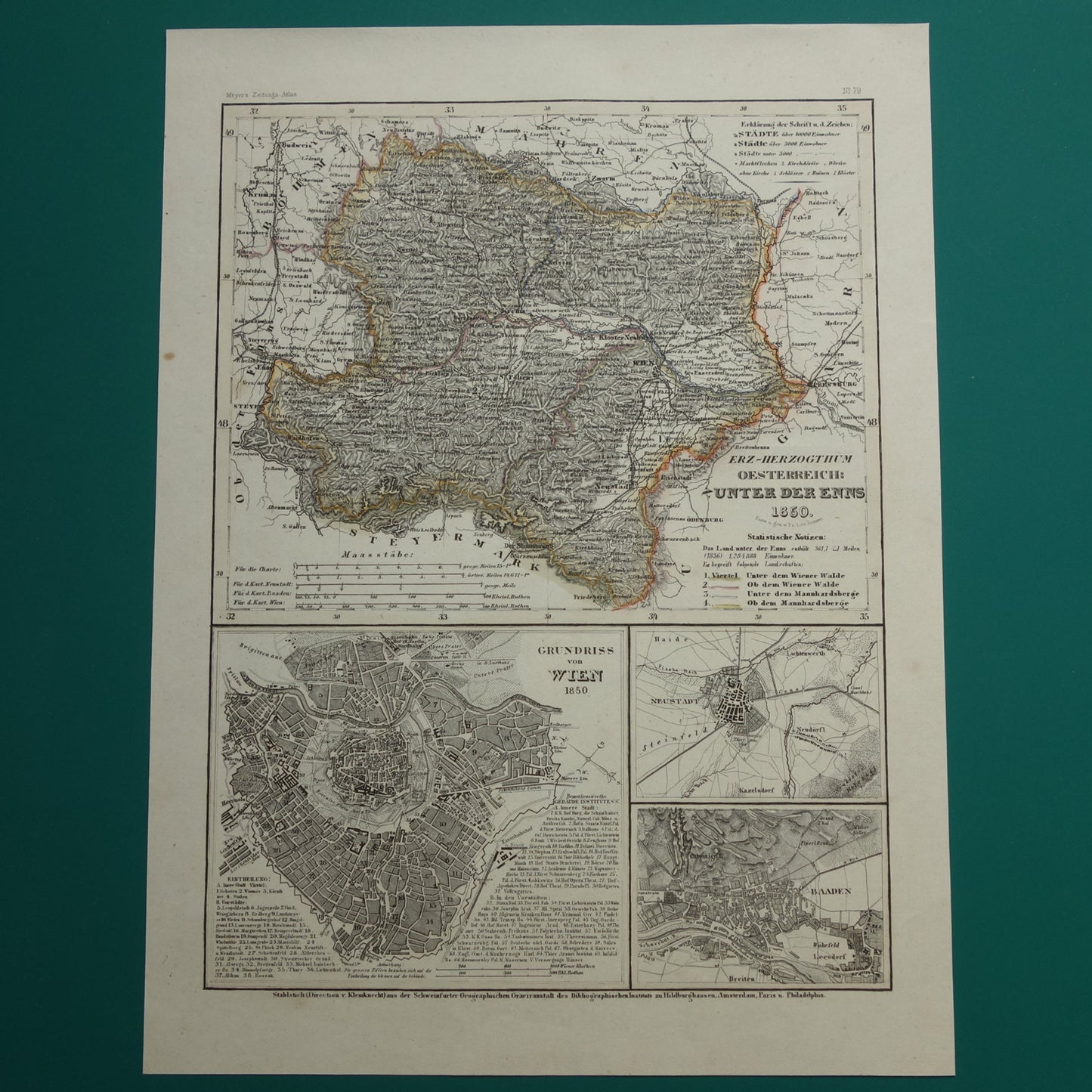 OOSTENRIJK oude kaart van het aartshertogdom Oostenrijk beneden de Enns met Wenen Baaden Neustadt in 1850 Gedetailleerde originele antieke vintage landkaart