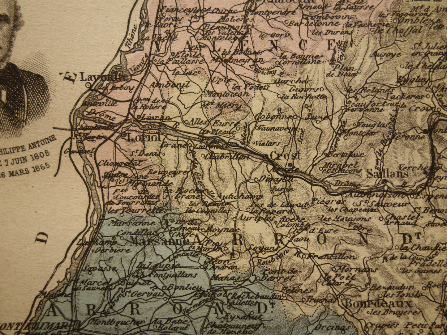 Oude kaart van DROME departement in Frankrijk uit 1886 originele antieke handgekleurde landkaart Valence Drôme