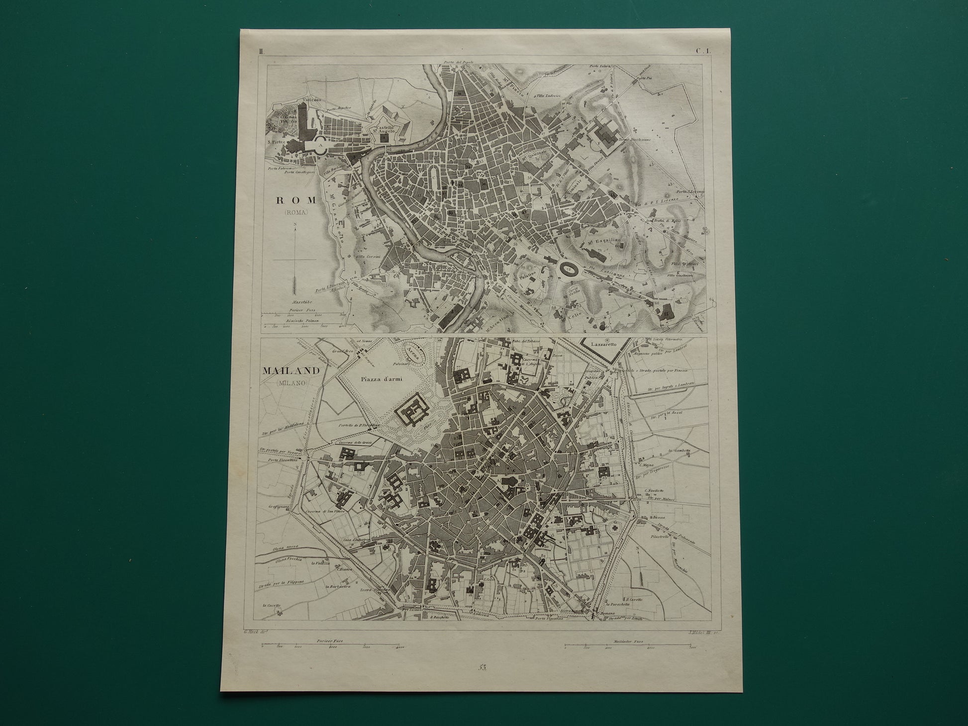 Rome en Milaan antieke plattegrond 170+ jaar oude kaart van Rome Milaan Italië uit 1849 - originele vintage historische kaarten