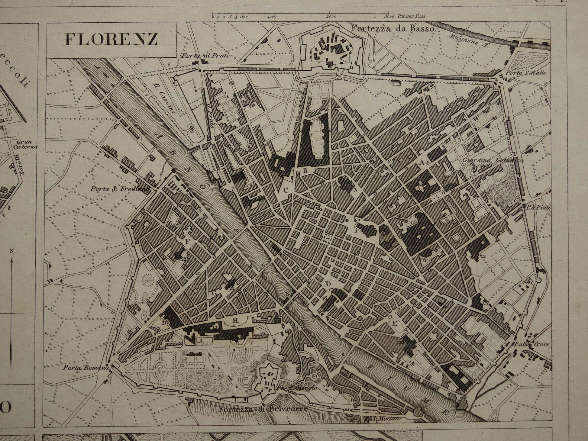 plattegrond van Florence in 1849 originele antieke oude kaart