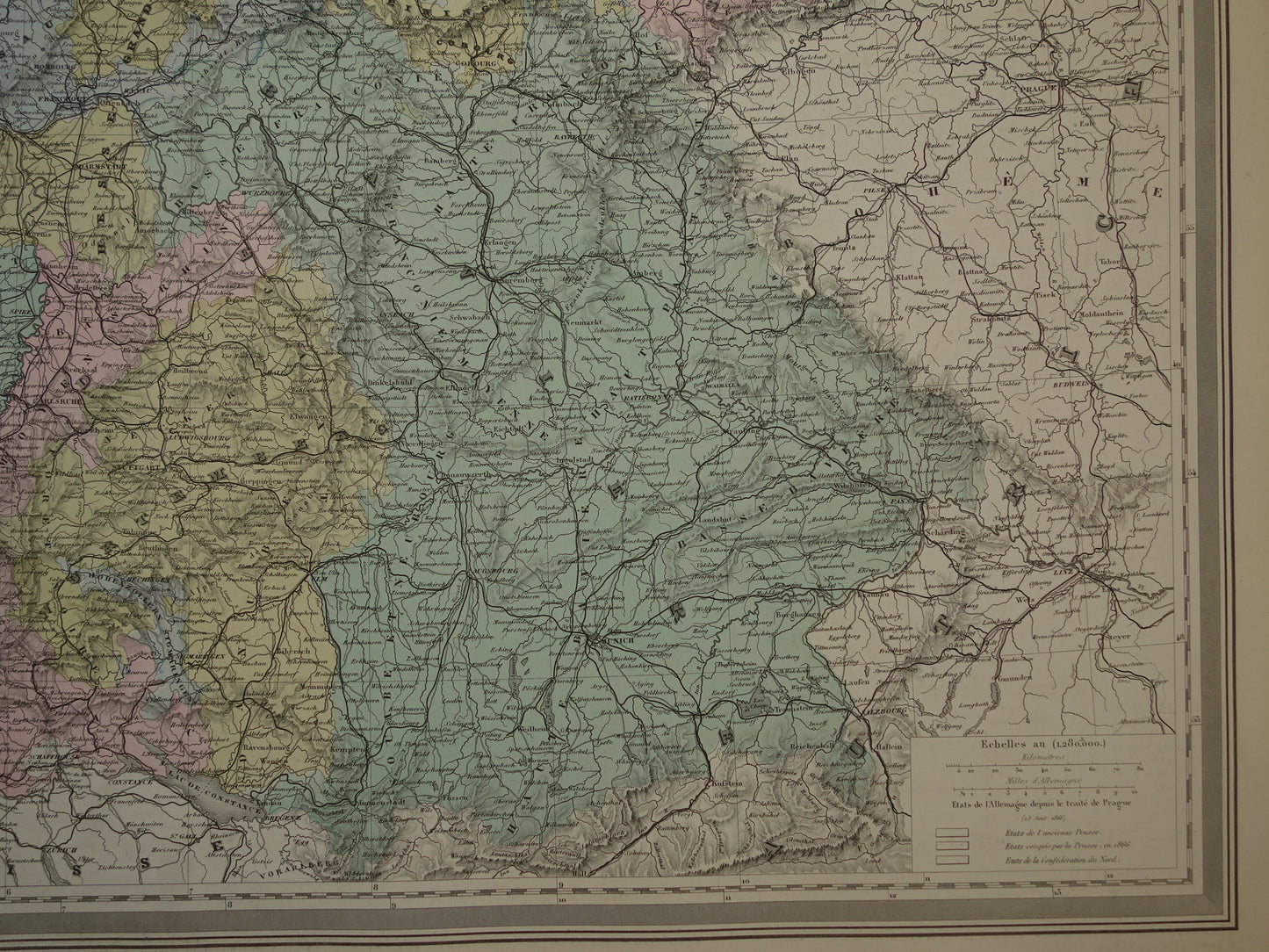 Oude kaart van DUITSLAND Grote landkaart uit 1880 originele antieke handgekleurde kaarten