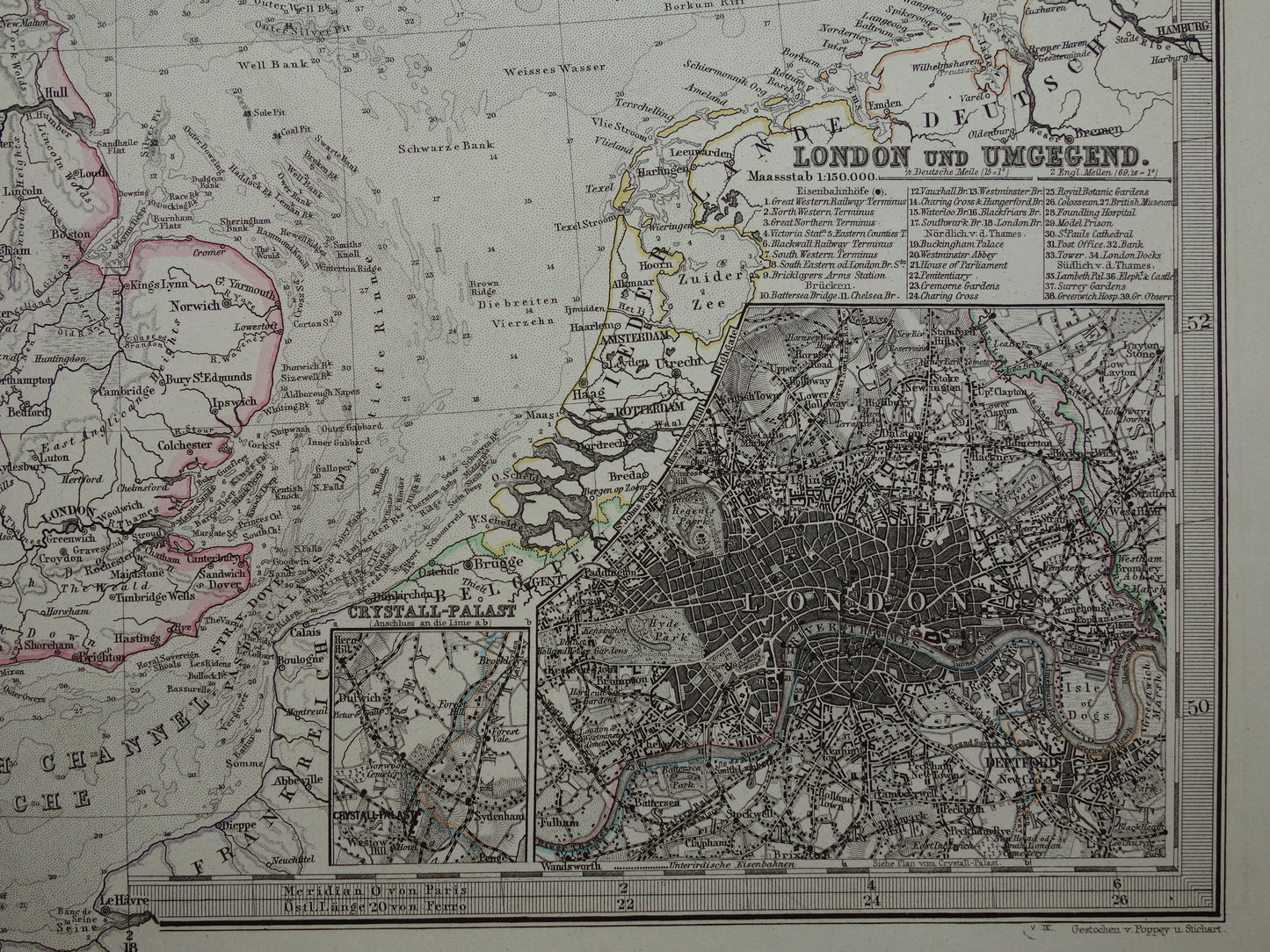 NOORDZEE Oude kaart van Britse eilanden Nederland 1879 originele oude antieke Duitse landkaart / zeekaart Engeland