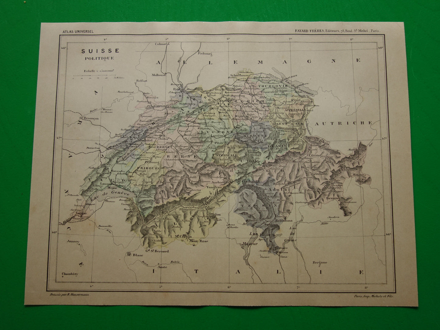ZWITSERLAND oude landkaart van Zwitserland uit het jaar 1896 origineel handgekleurde antieke kaart historische print Zwitserland