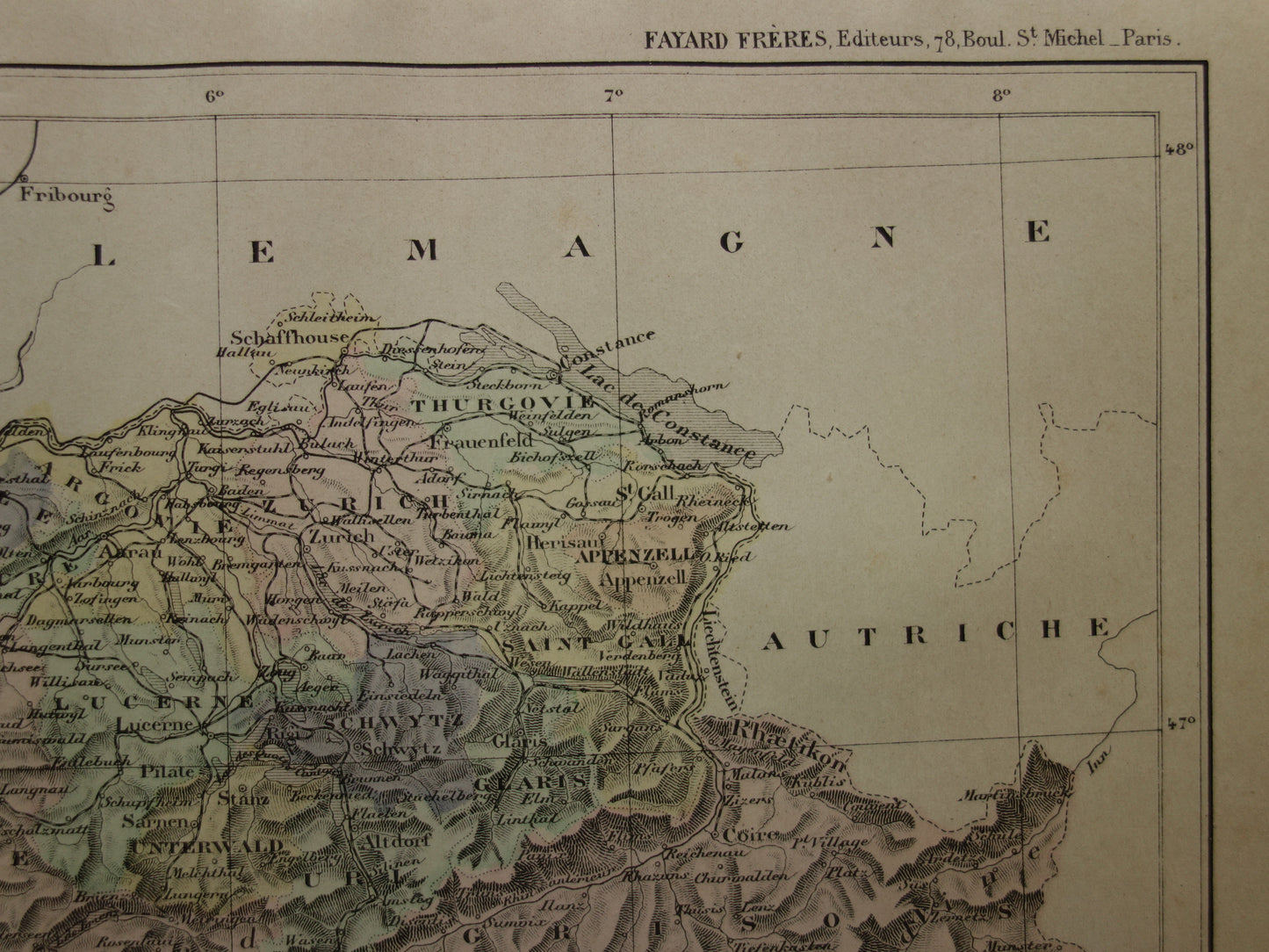 ZWITSERLAND oude landkaart van Zwitserland uit het jaar 1896 origineel handgekleurde antieke kaart historische print Zwitserland
