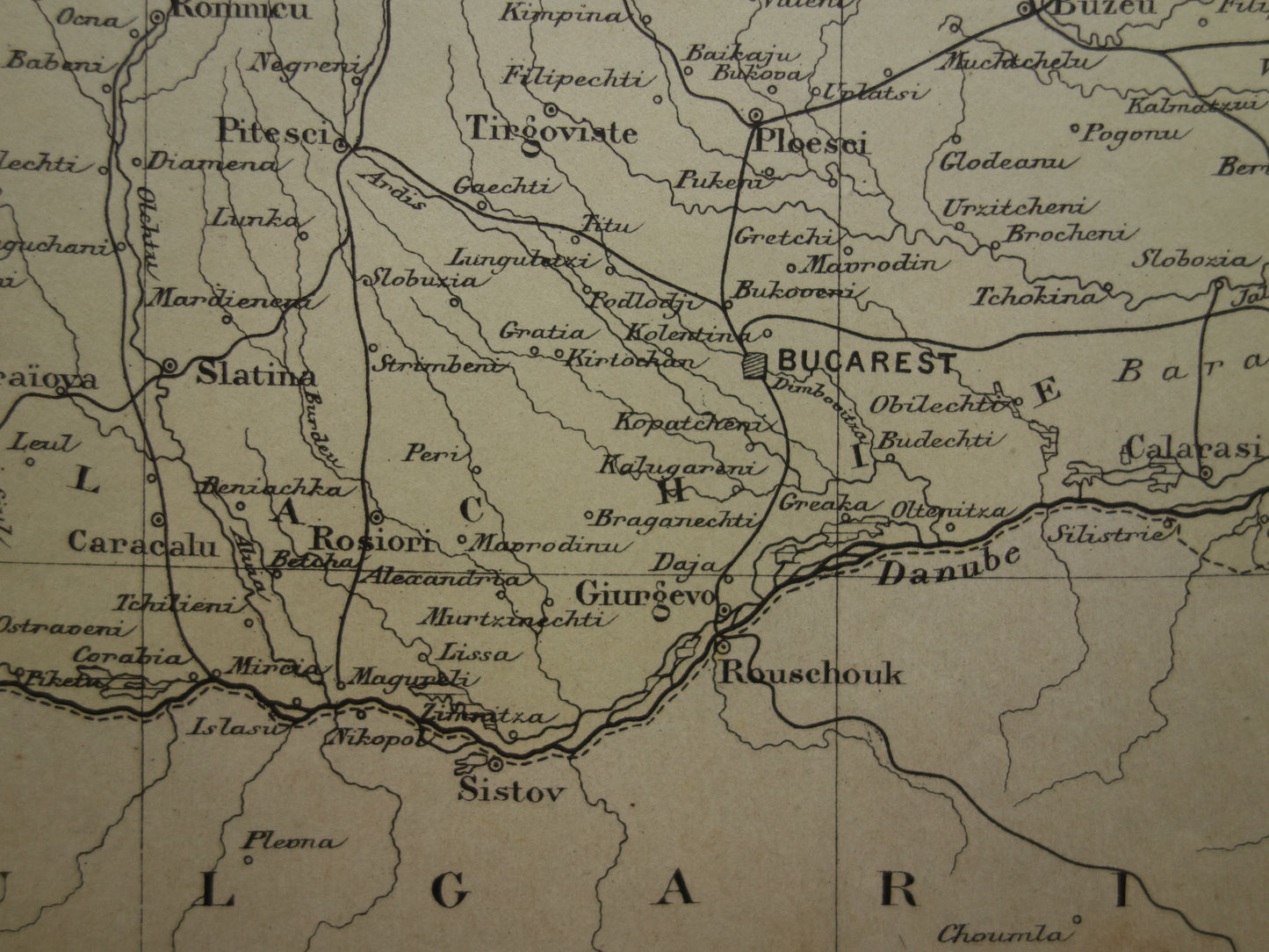 ROEMENIË oude landkaart van Roemenië uit het jaar 1896 origineel handgekleurde antieke kaart historische print Boekarest
