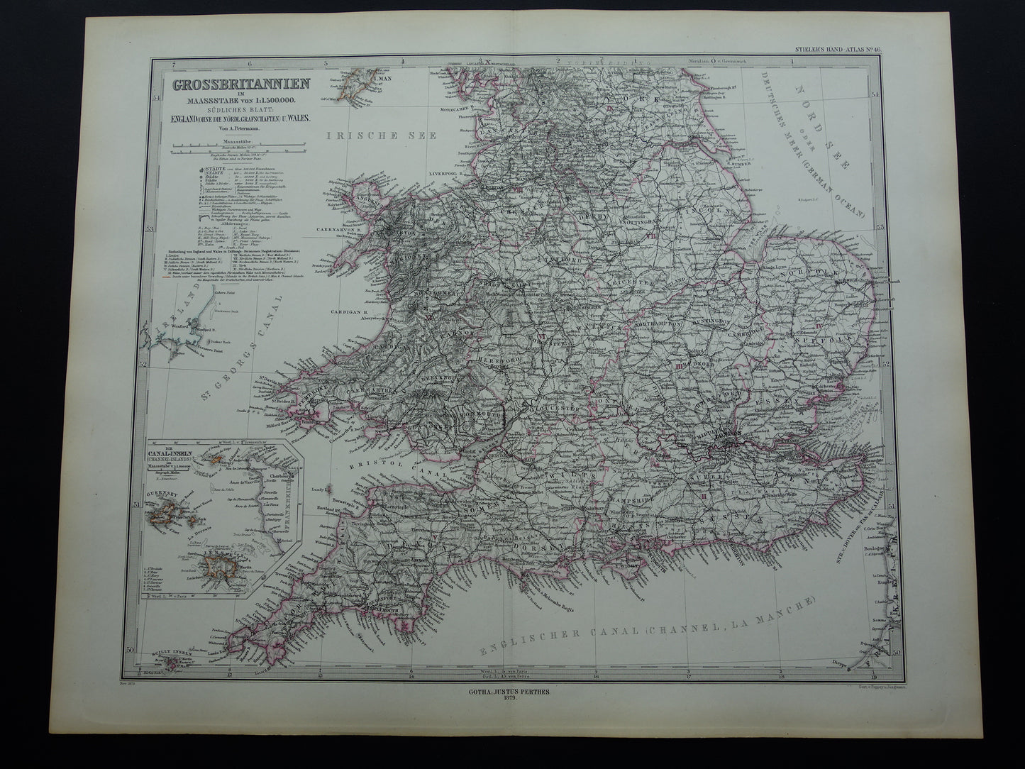ENGELAND oude kaart van Engeland en Wales uit 1879 originele antieke landkaart London vintage met jaartal