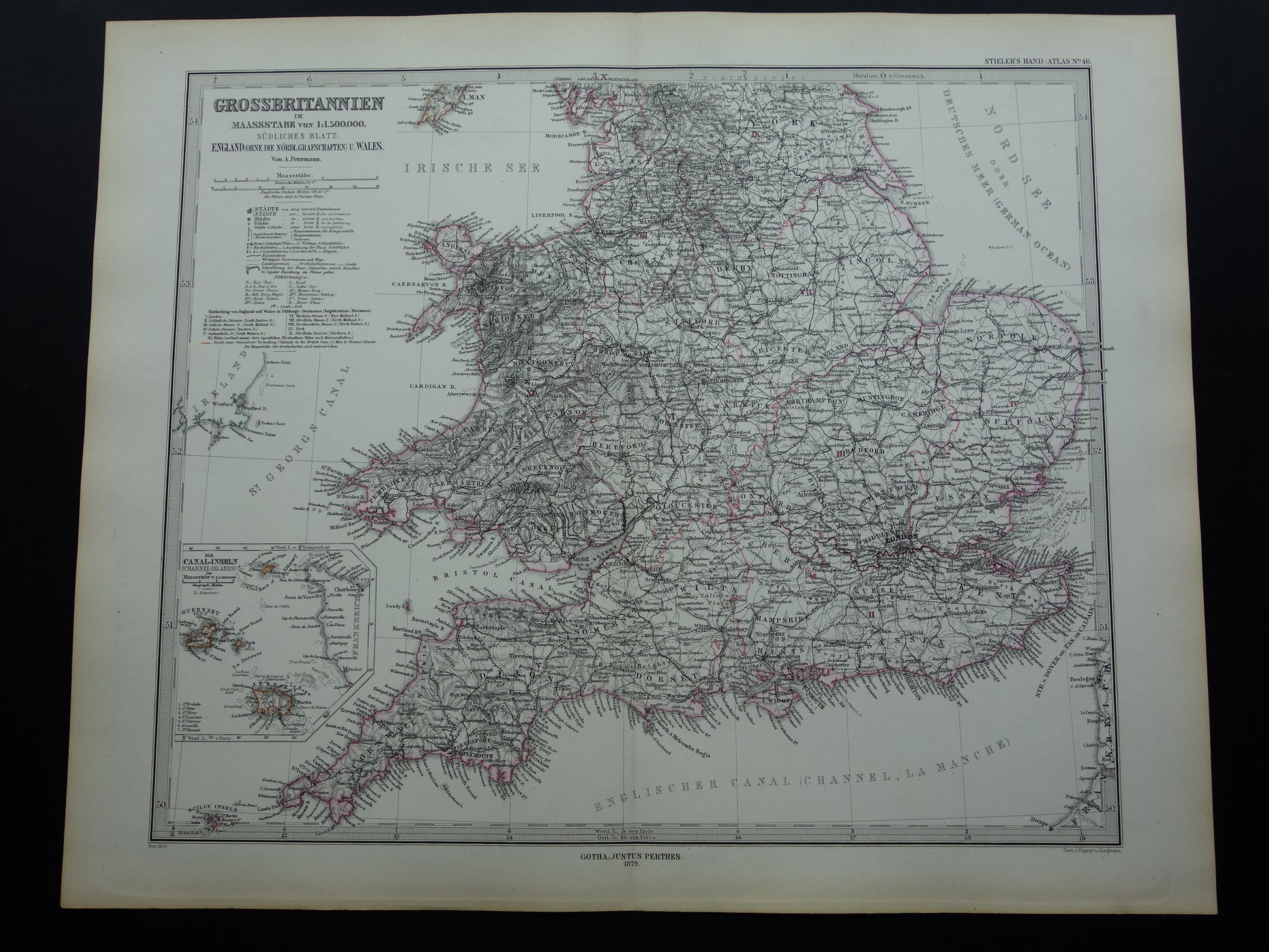 ENGELAND oude kaart van Engeland en Wales uit 1879 originele antieke landkaart London vintage met jaartal